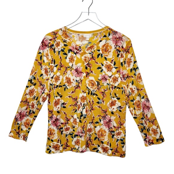 Garnet Hill Golden Floral Merino Wool Women’s Crew Neck Cardigan Sweater Sz L - Picture 1 of 11